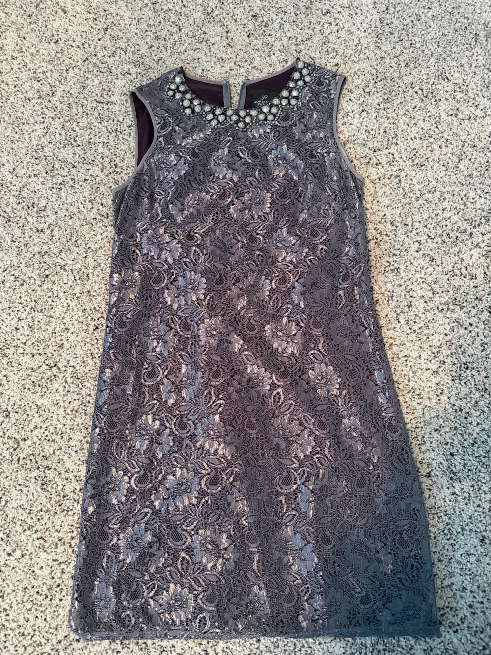 ADRIANNA PAPELL Gray Lace With Purple Lining Cocktail Sheath Dress With Beads